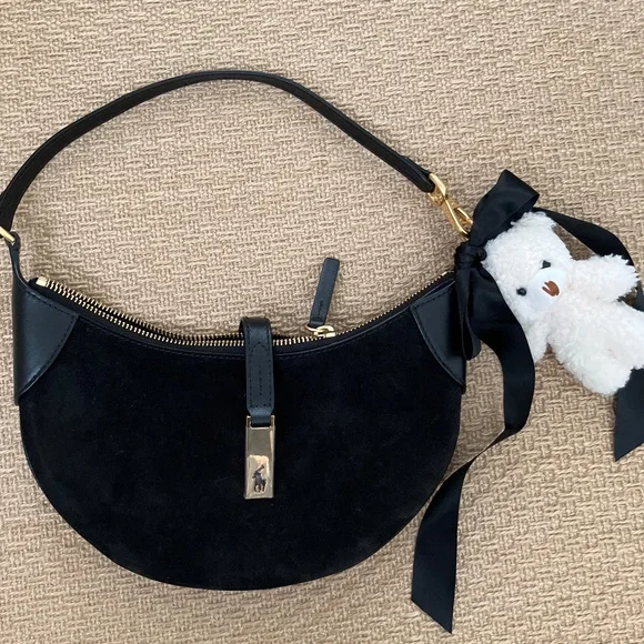 NWOT RALPH LAUREN ID saddle bag black suede gold hardware + bear key charm - Picture 1 of 10